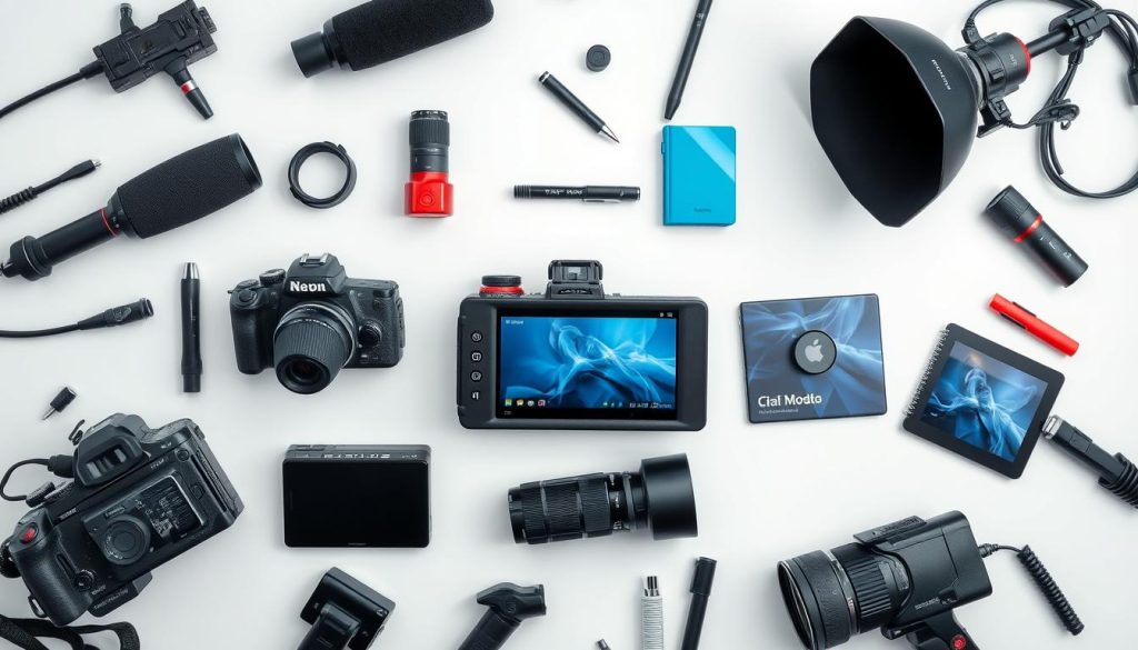 high-quality professional video creation tools arranged in a stylish and visually appealing manner, with a modern and minimalist design, set against a clean and bright background, featuring a variety of devices such as cameras, microphones, and editing software, all with a focus on creativity, productivity, and ease of use for video content creators