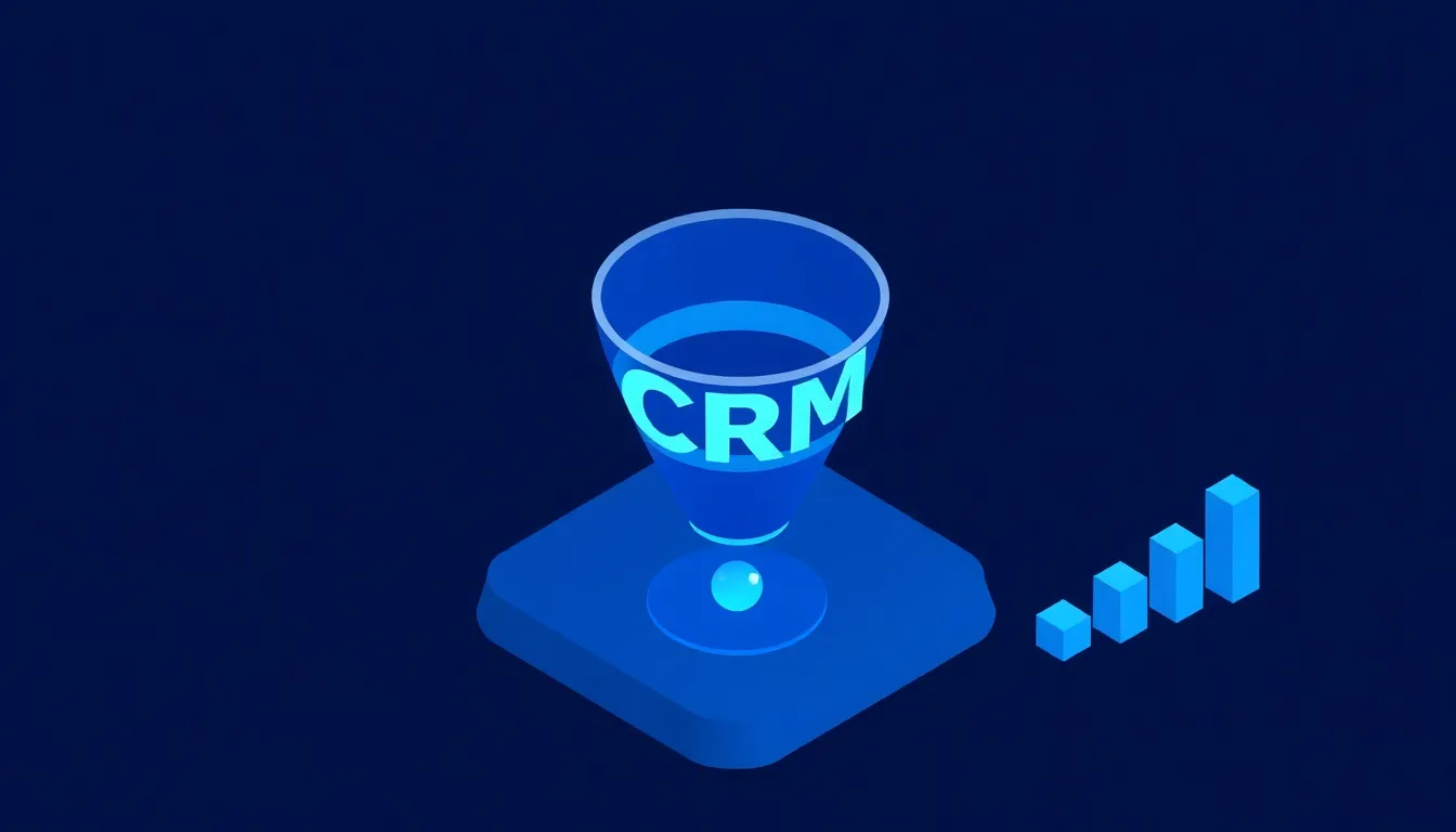 Diagram of a funnel CRM tracking leads through awareness, qualify, nurture, decision, and close stages
