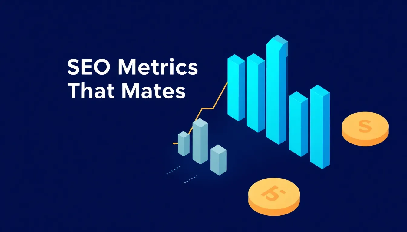 Three-tier SEO metrics dashboard showing organic conversions and revenue at the top, traffic and rankings in the middle,
