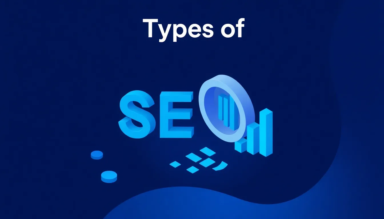 Diagram of the six types of SEO - on-page, off-page, technical, local, content, and AEO/GEO - with a fund-first priority