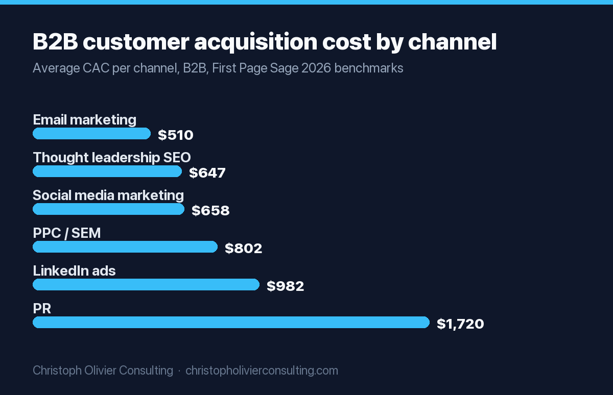 Horizontal bar chart of average B2B customer acquisition cost by channel: email marketing $510, thought leadership SEO $647, social media marketing $658, PPC/SEM $802, LinkedIn ads $982, and PR $1,720.