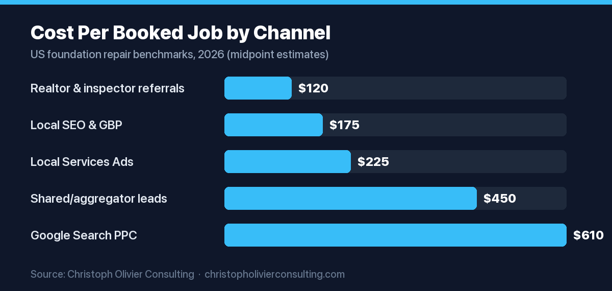 Horizontal bar chart of cost per booked job by channel for foundation repair, lowest realtor and inspector referrals at $120 and highest Google Search PPC at $610.