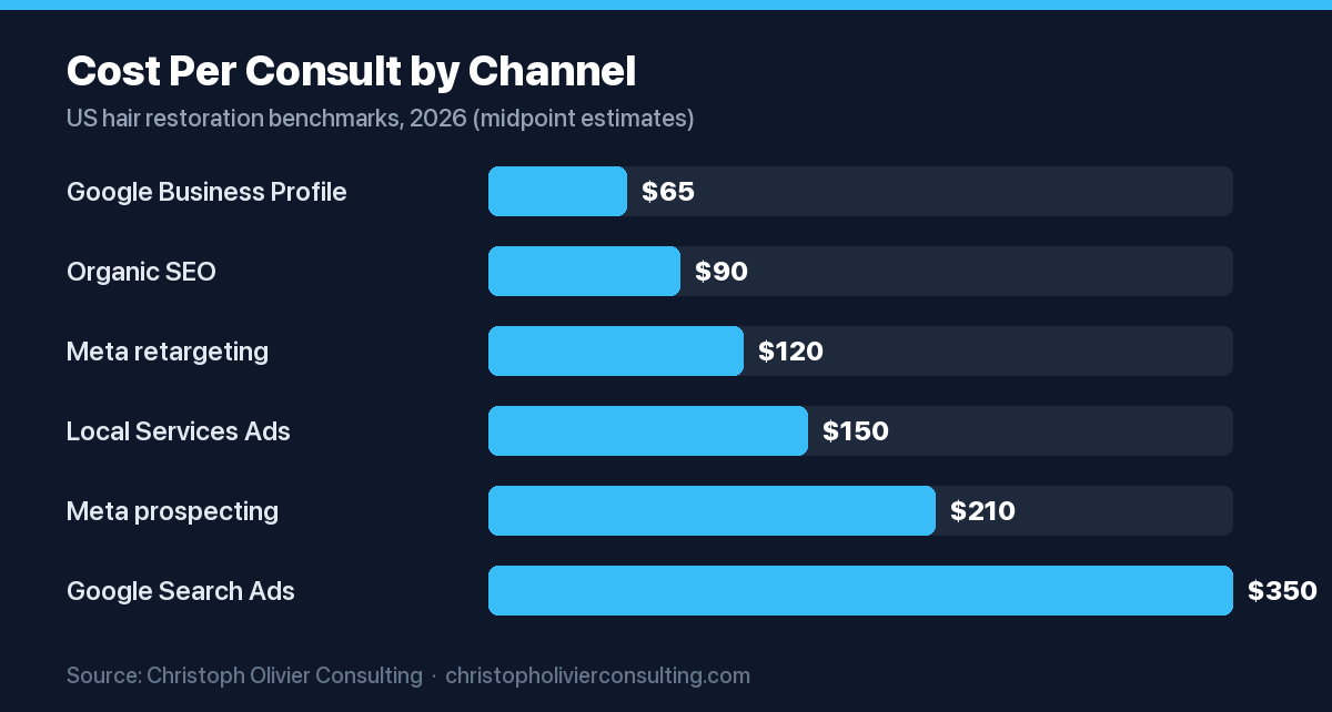 Horizontal bar chart of estimated cost per booked consult by marketing channel for US hair restoration clinics in 2026, ranging from $65 for Google Business Profile up to $350 for Google Search Ads.