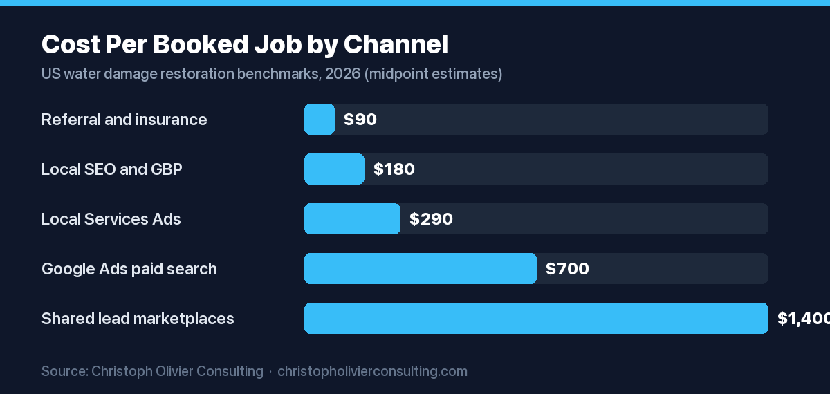 Horizontal bar chart of estimated cost per booked job by channel for water damage restoration in 2026, from referral and insurance networks at about $90 (lowest) to shared lead marketplaces at about $1,400 (highest).